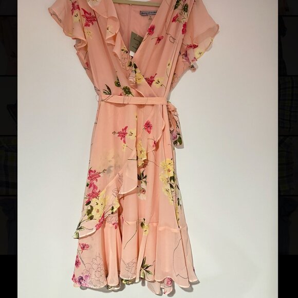 NWT Danny & Nicole Coral Pink Floral Ruffle Flutter Surplice Midi Dress Size 16 - Picture 2 of 7